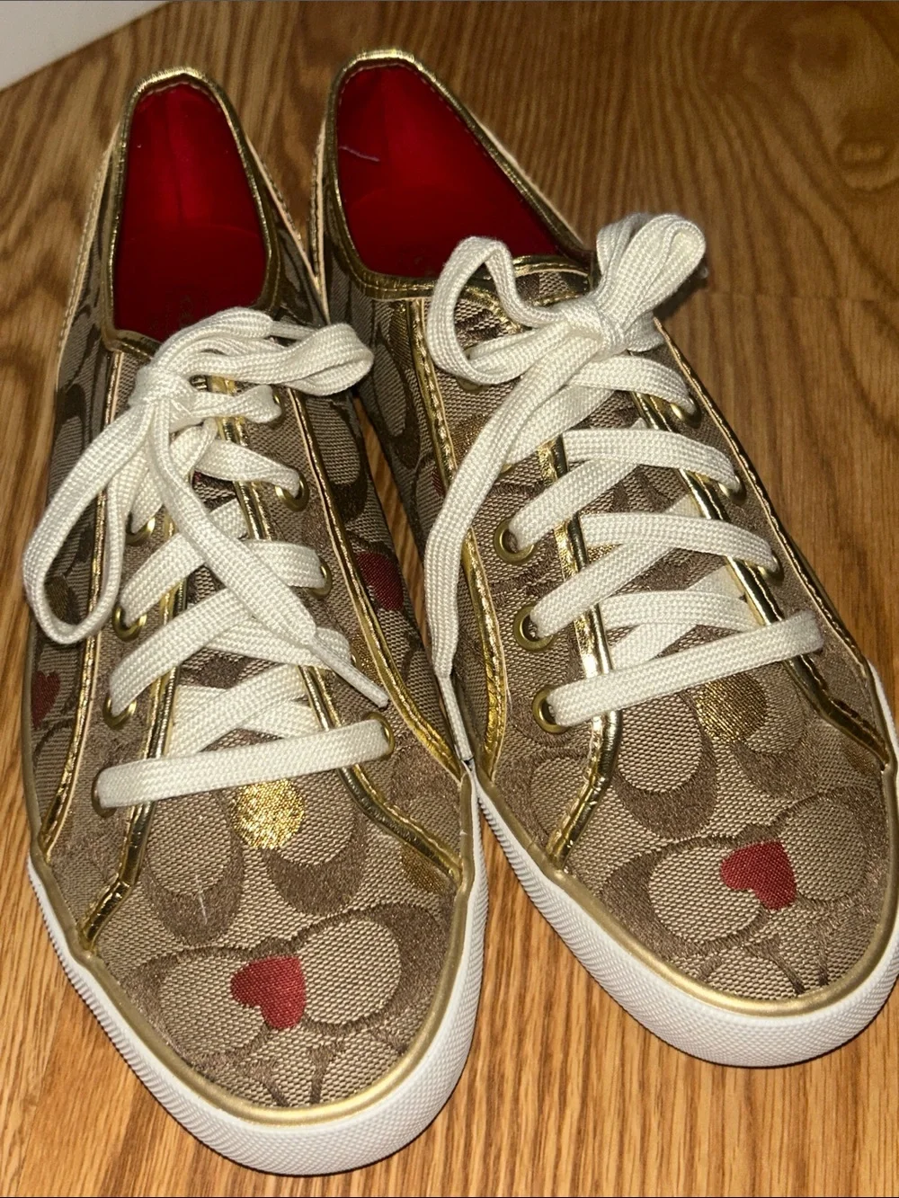 Coach Khaki Signature Canvas Sneakers with Gold Trim and Red Interior